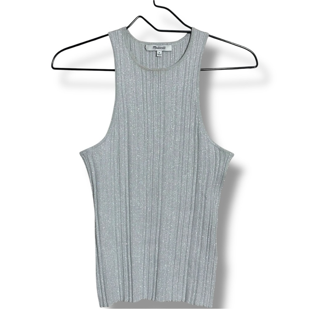 Madewell Blue/Silver Shiny Fitted Sleeveless Ribbed High Neck Racerback Tank Top - Picture 15 of 16